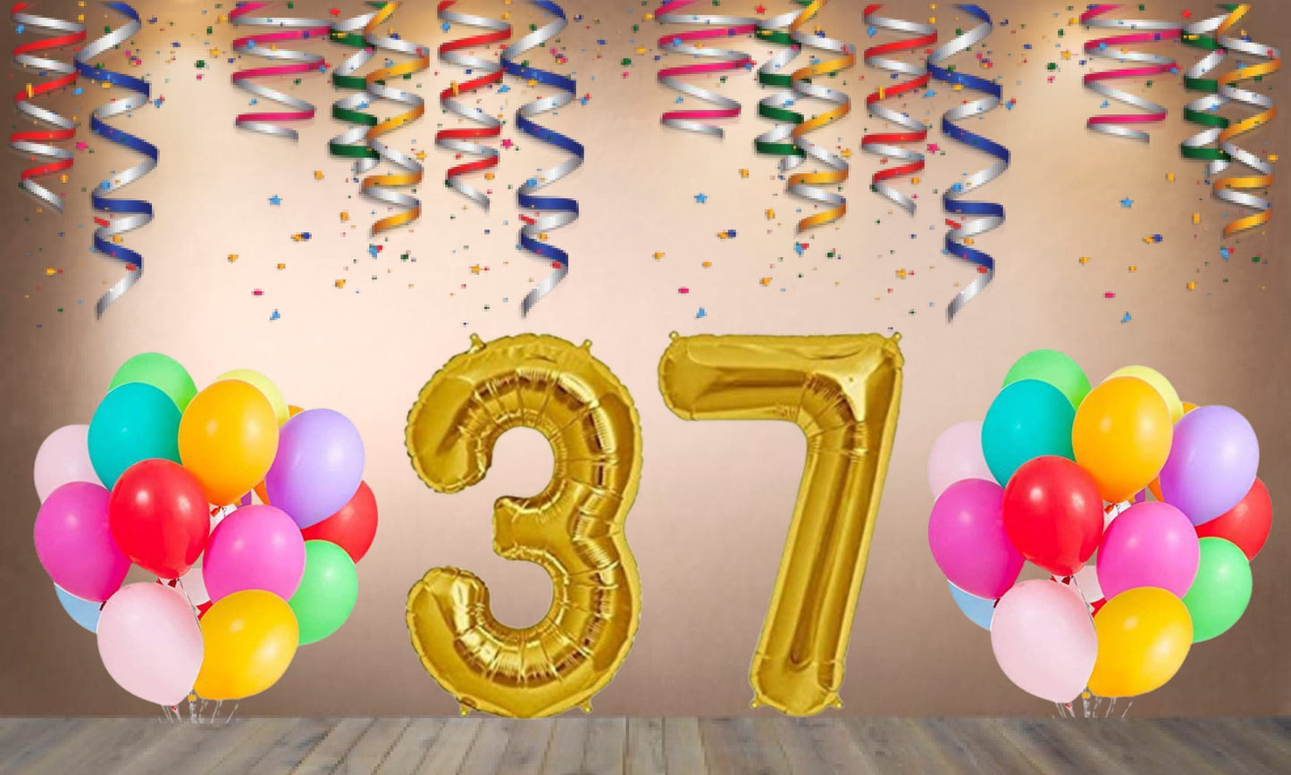 Number  37 Gold Foil Balloon and 25 Nos Multicolor Color Latex Balloon Combo