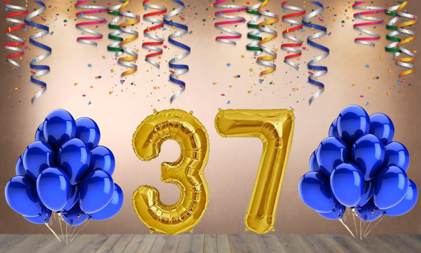 Number 37  Gold Foil Balloon and 25 Nos Blue Color Latex Balloon Combo