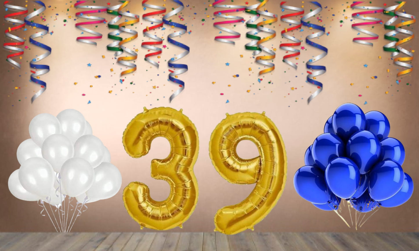 Number  39  Gold Foil Balloon and 25 Nos Blue and White Color Latex Balloon Combo
