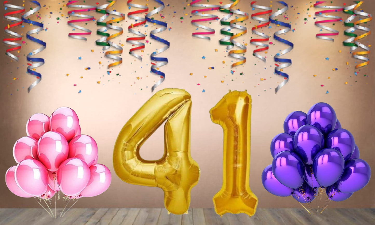 Number 41 Gold Foil Balloon and 25 Nos Pink and Purple Color Latex Balloon Combo