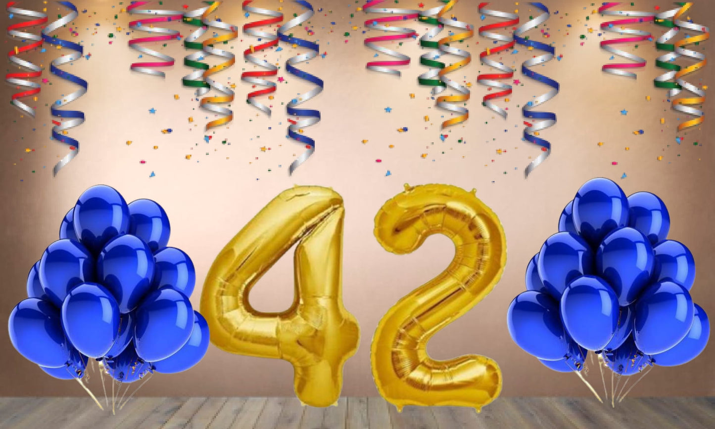 Number  42 Gold Foil Balloon and 25 Nos Blue Color Latex Balloon Combo