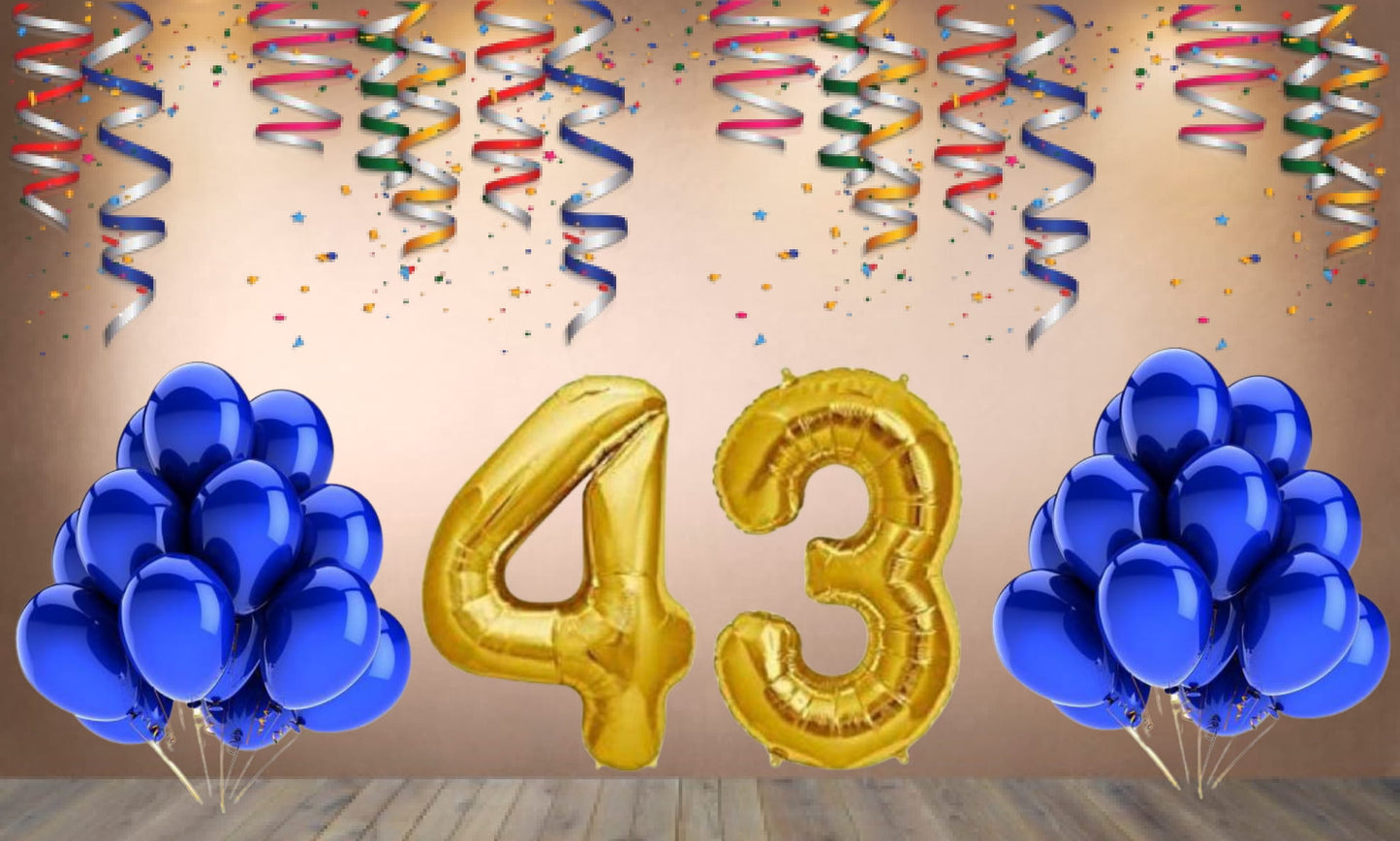 Number 43  Gold Foil Balloon and 25 Nos Blue Color Latex Balloon Combo