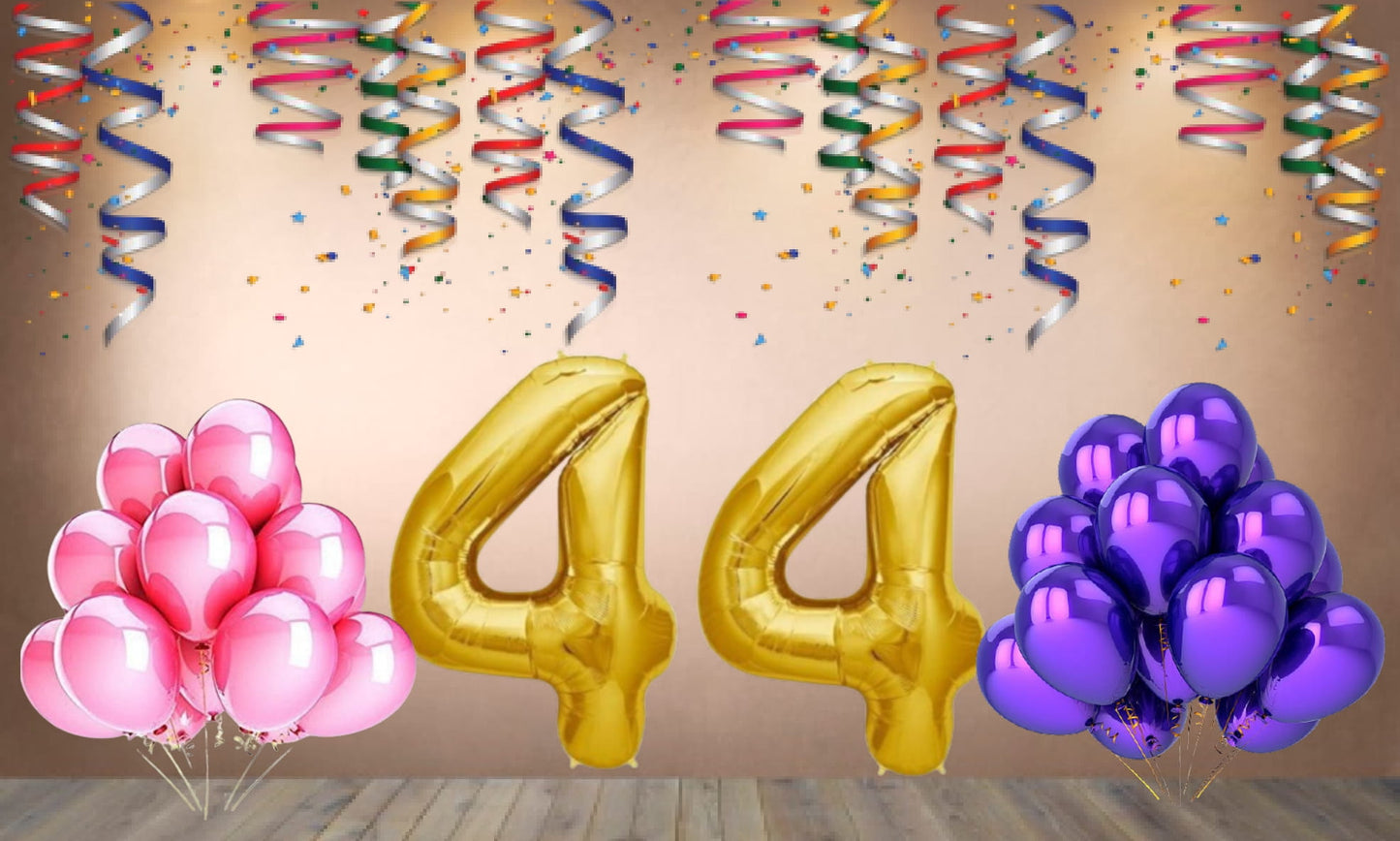 Number 44 Gold Foil Balloon and 25 Nos Pink and Purple Color Latex Balloon Combo
