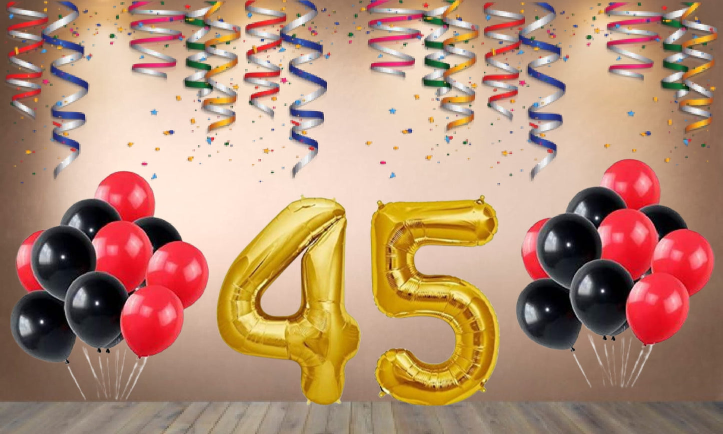 Number 45  Gold Foil Balloon and 25 Nos Black and Red Color Latex Balloon Combo