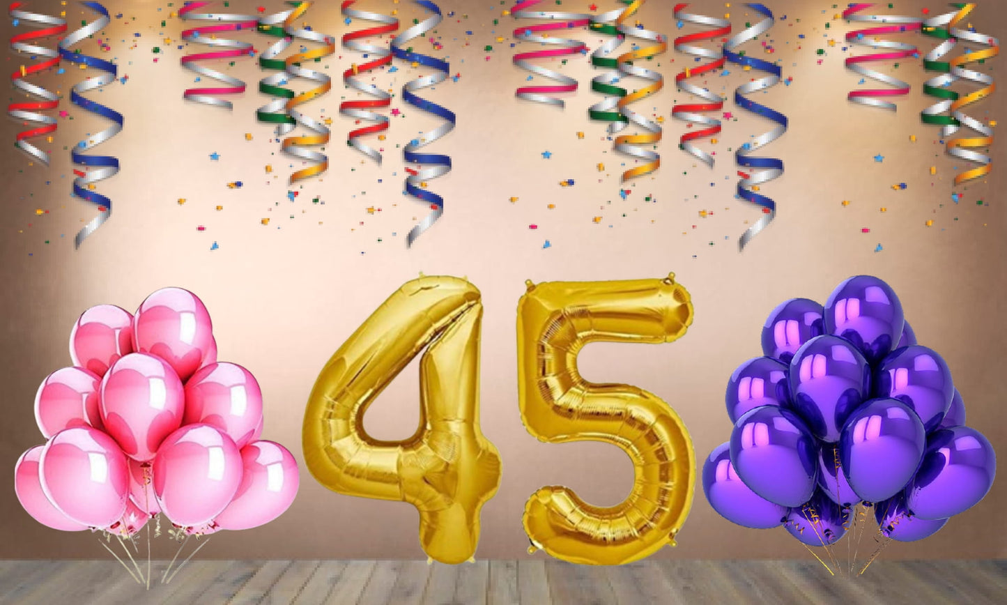 Number 45 Gold Foil Balloon and 25 Nos Pink and Purple Color Latex Balloon Combo