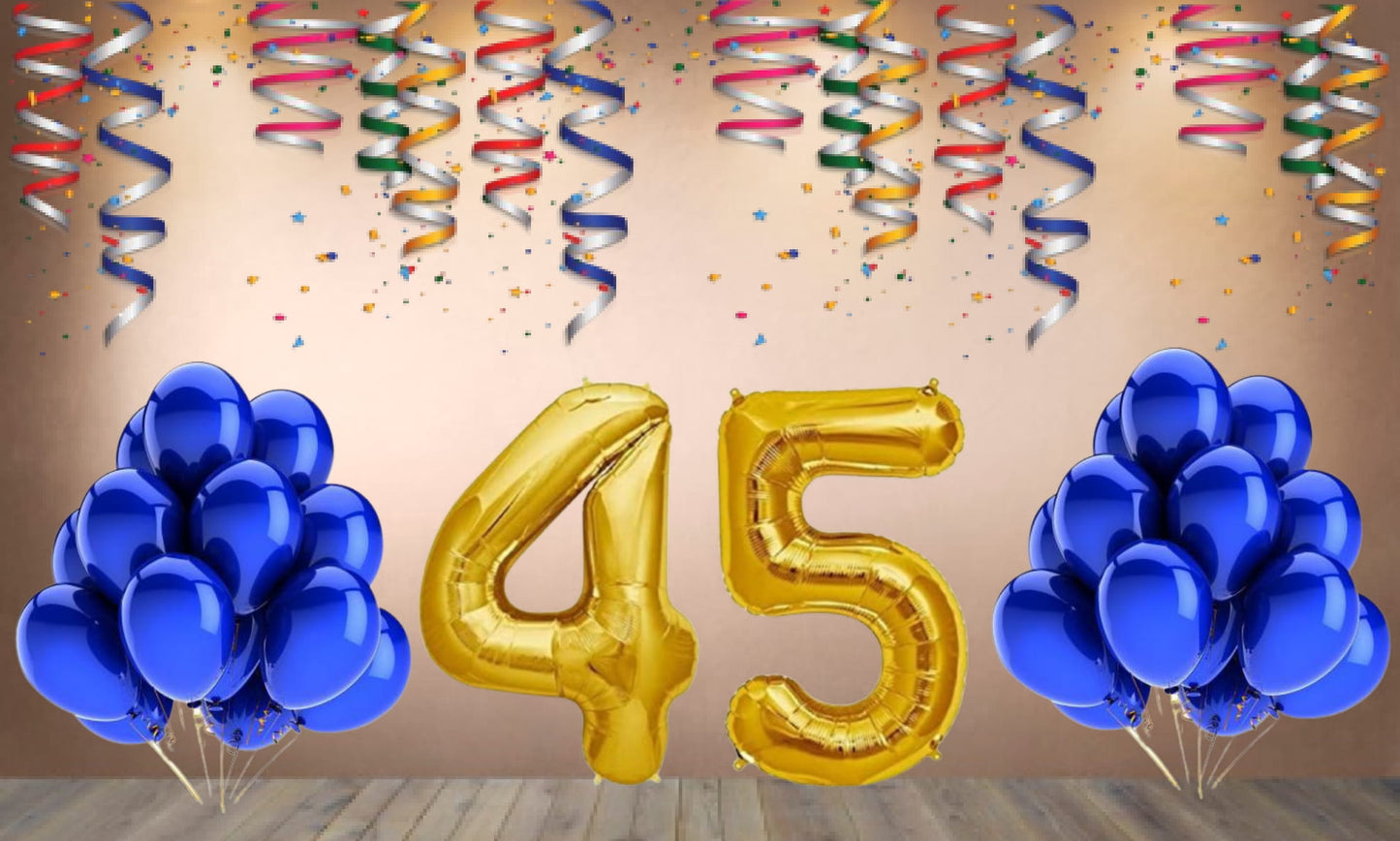 Number 45  Gold Foil Balloon and 25 Nos Blue Color Latex Balloon Combo