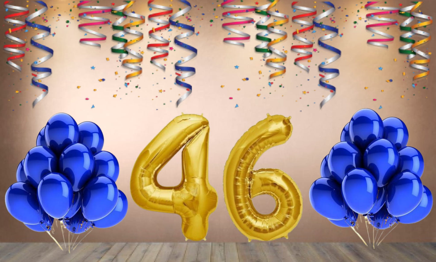 Number 46  Gold Foil Balloon and 25 Nos Blue Color Latex Balloon Combo