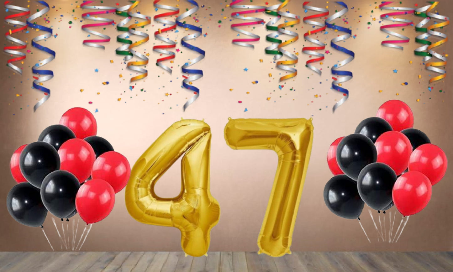 Number  47 Gold Foil Balloon and 25 Nos Black and Red Color Latex Balloon Combo