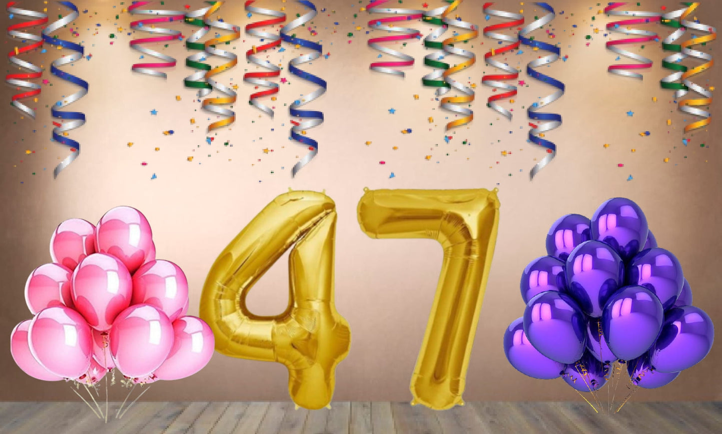 Number 47 Gold Foil Balloon and 25 Nos Pink and Purple Color Latex Balloon Combo