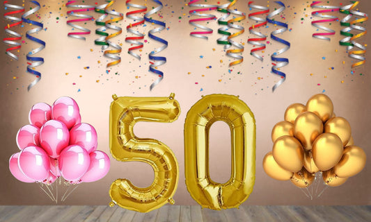Number 50 Gold Foil Balloon and 25 Nos Pink and Gold Color Latex Balloon Combo