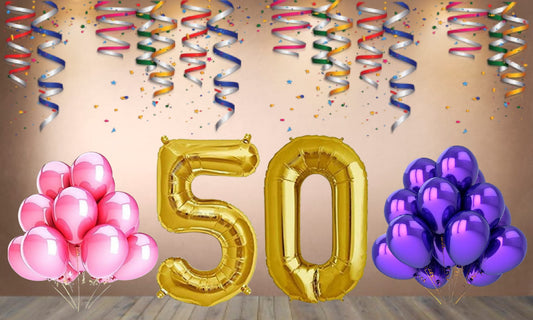 Number 50 Gold Foil Balloon and 25 Nos Pink and Purple Color Latex Balloon Combo
