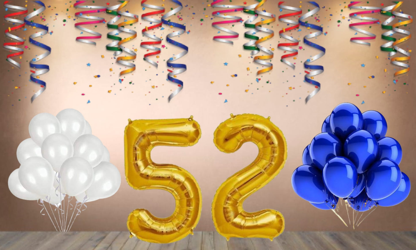 Number  52  Gold Foil Balloon and 25 Nos Blue and White Color Latex Balloon Combo
