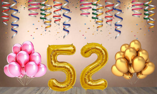 Number 52 Gold Foil Balloon and 25 Nos Pink and Gold Color Latex Balloon Combo