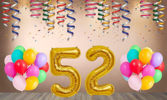 Number 52  Gold Foil Balloon and 25 Nos Multicolor Color Latex Balloon Combo