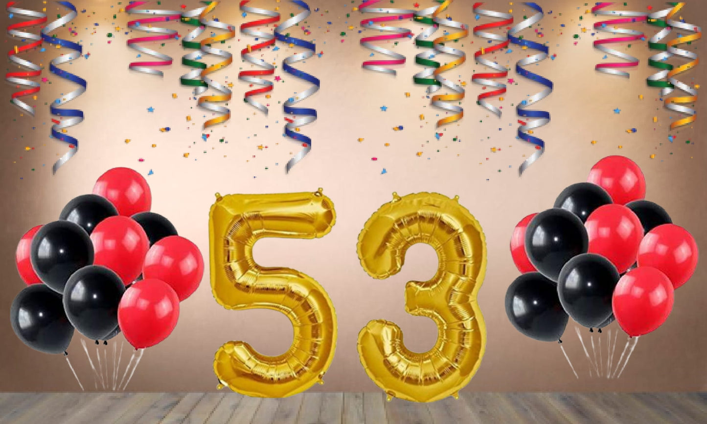 Number  53 Gold Foil Balloon and 25 Nos Black and Red Color Latex Balloon Combo