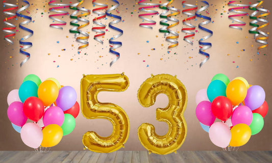 Number  53 Gold Foil Balloon and 25 Nos Multicolor Color Latex Balloon Combo