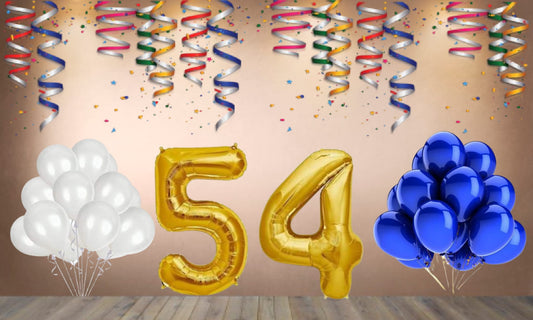 Number  54  Gold Foil Balloon and 25 Nos Blue and White Color Latex Balloon Combo