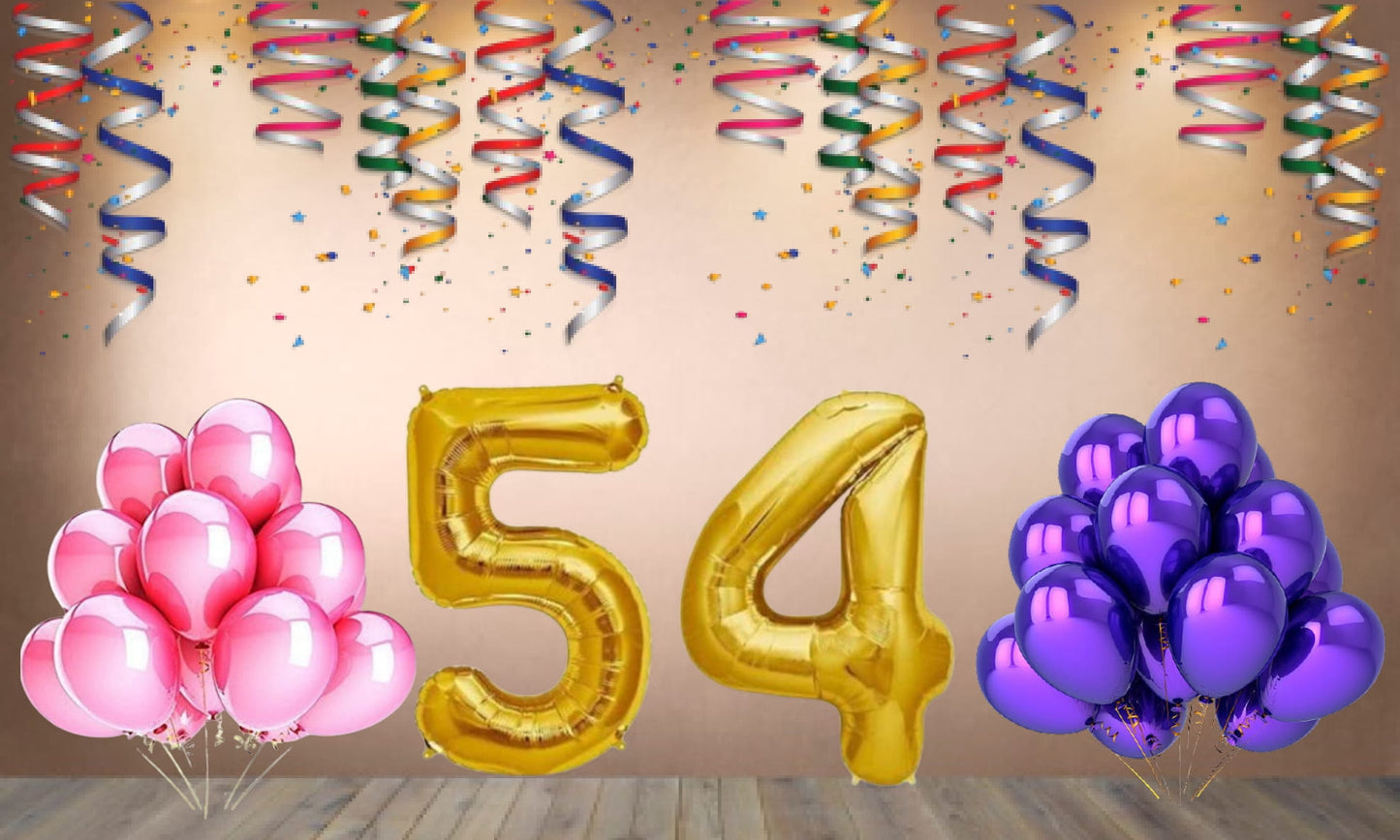 Number 54 Gold Foil Balloon and 25 Nos Pink and Purple Color Latex Balloon Combo
