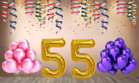 Number 55 Gold Foil Balloon and 25 Nos Pink and Purple Color Latex Balloon Combo