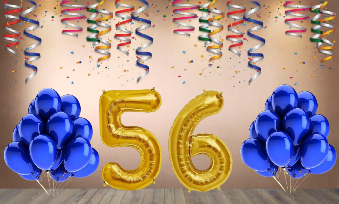 Number  56 Gold Foil Balloon and 25 Nos Blue Color Latex Balloon Combo