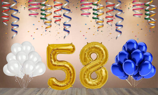 Number  58  Gold Foil Balloon and 25 Nos Blue and White Color Latex Balloon Combo