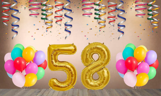 Number  58 Gold Foil Balloon and 25 Nos Multicolor Color Latex Balloon Combo