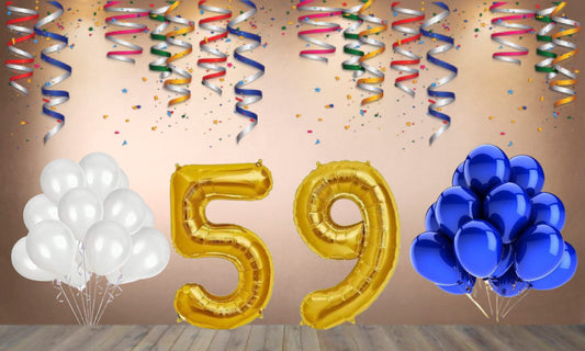 Number  59  Gold Foil Balloon and 25 Nos Blue and White Color Latex Balloon Combo