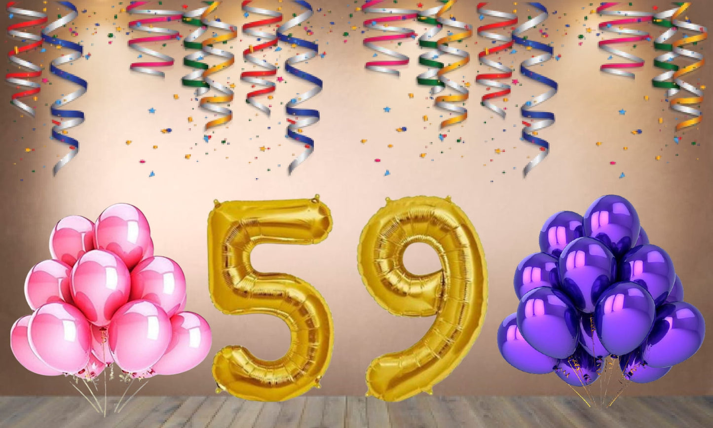Number 59 Gold Foil Balloon and 25 Nos Pink and Purple Color Latex Balloon Combo