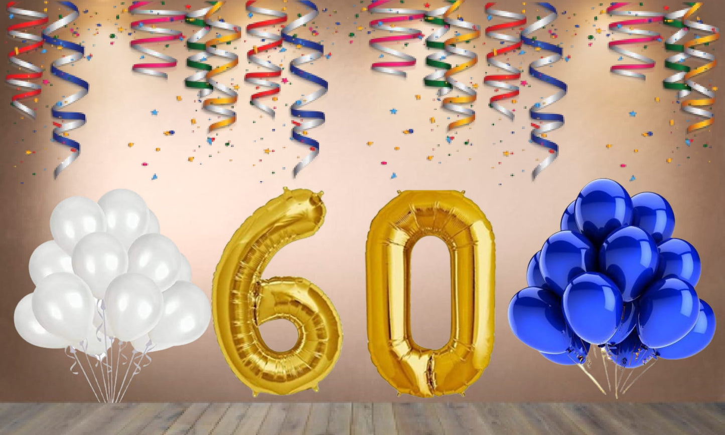 Number  60  Gold Foil Balloon and 25 Nos Blue and White Color Latex Balloon Combo