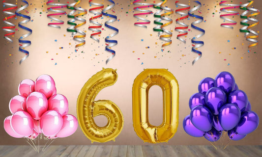 Number 60 Gold Foil Balloon and 25 Nos Pink and Purple Color Latex Balloon Combo