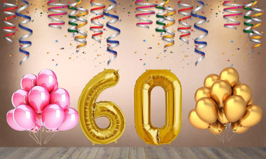 Number 60 Gold Foil Balloon and 25 Nos Pink and Gold Color Latex Balloon Combo