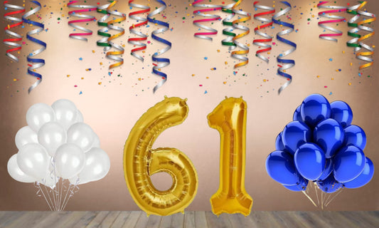 Number  61  Gold Foil Balloon and 25 Nos Blue and White Color Latex Balloon Combo