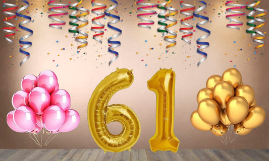 Number 61 Gold Foil Balloon and 25 Nos Pink and Gold Color Latex Balloon Combo