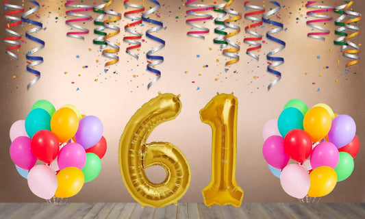 Number 61  Gold Foil Balloon and 25 Nos Multicolor Color Latex Balloon Combo