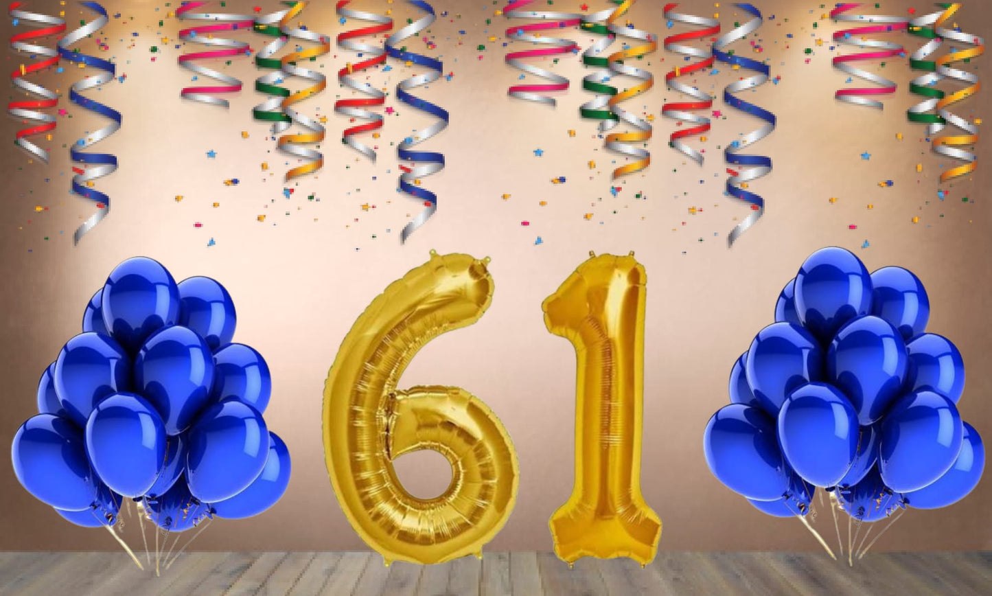 Number 61 Gold Foil Balloon and 25 Nos Blue Color Latex Balloon Combo