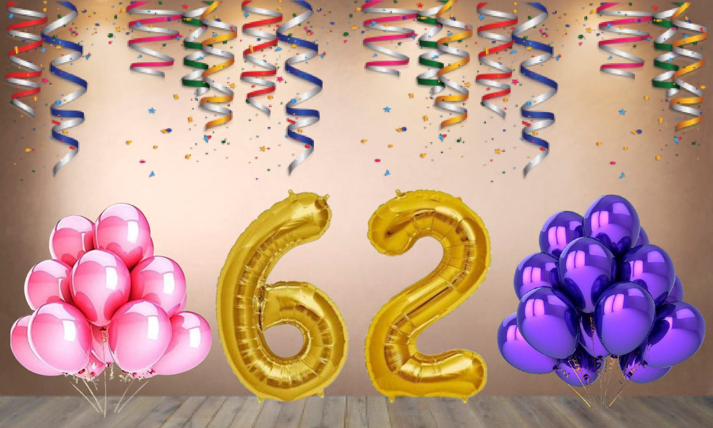 Number 62 Gold Foil Balloon and 25 Nos Pink and Purple Color Latex Balloon Combo