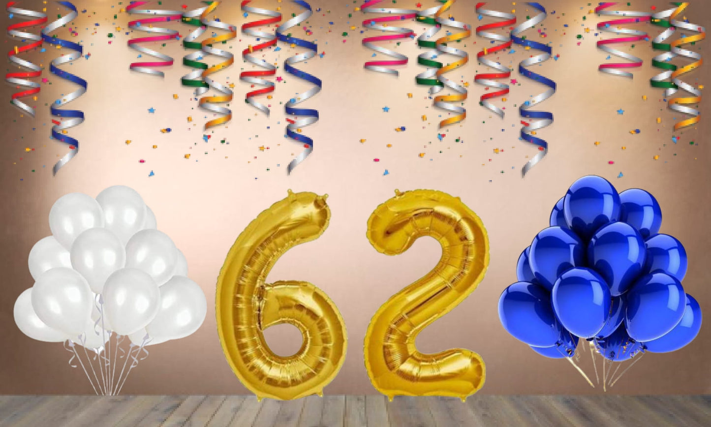 Number  62  Gold Foil Balloon and 25 Nos Blue and White Color Latex Balloon Combo