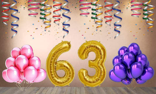 Number 63 Gold Foil Balloon and 25 Nos Pink and Purple Color Latex Balloon Combo