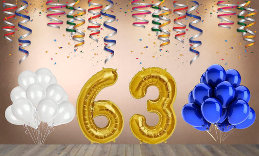 Number 63   Gold Foil Balloon and 25 Nos Blue and White Color Latex Balloon Combo