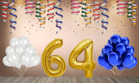 Number 64  Gold Foil Balloon and 25 Nos Blue and White Color Latex Balloon Combo