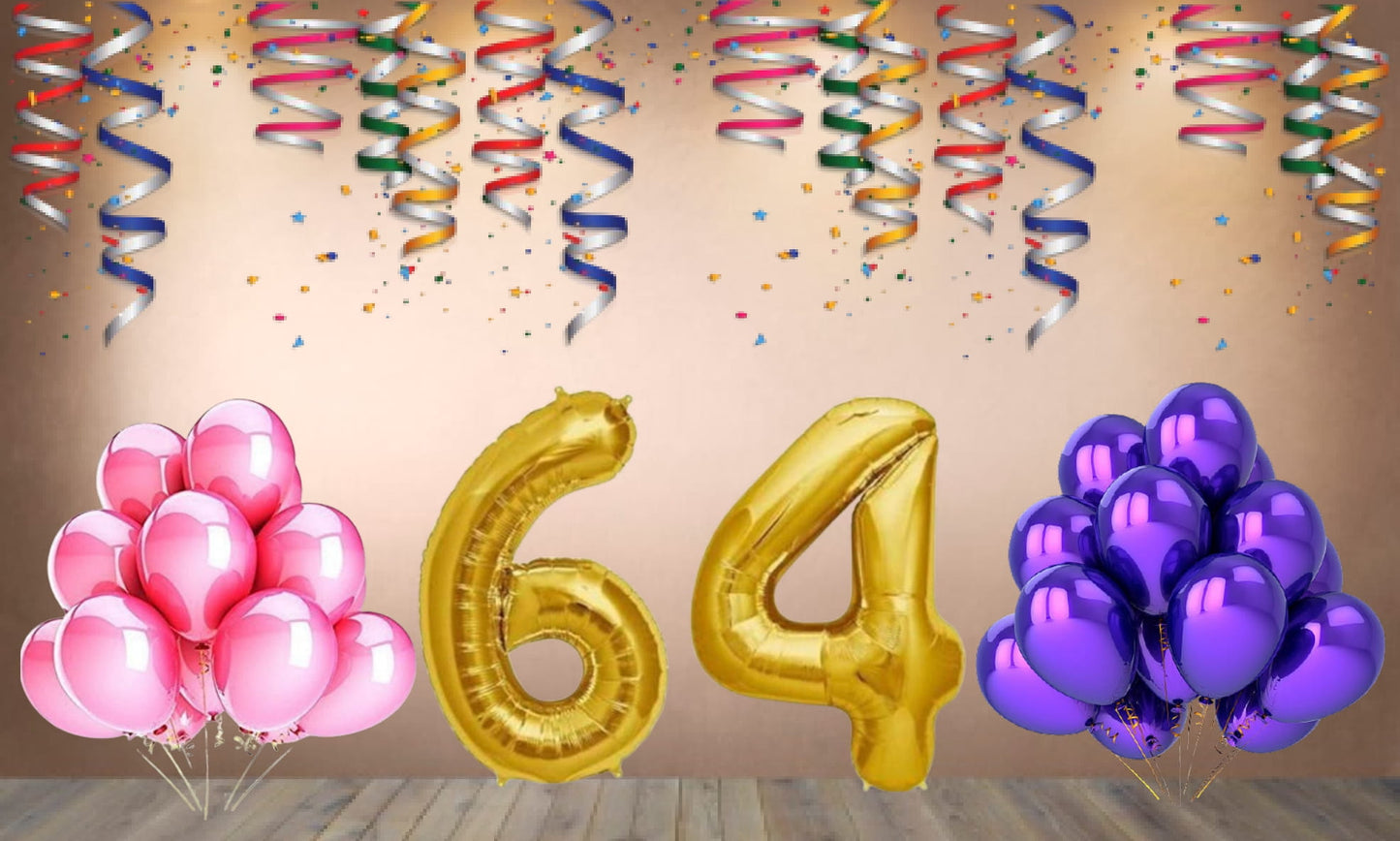 Number 64 Gold Foil Balloon and 25 Nos Pink and Purple Color Latex Balloon Combo