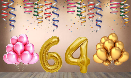 Number 64 Gold Foil Balloon and 25 Nos Pink and Gold Color Latex Balloon Combo