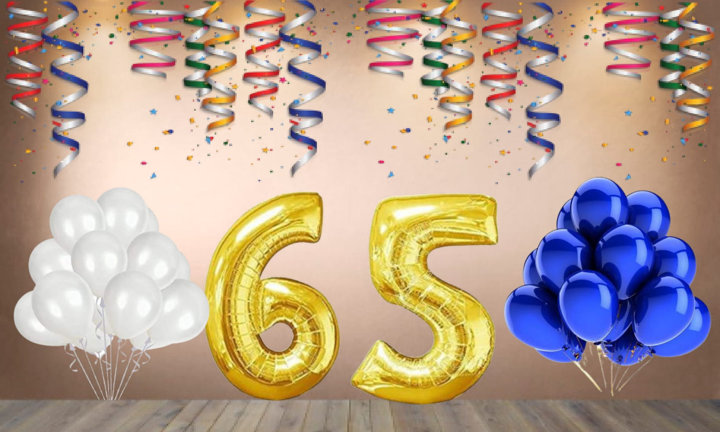 Number  65  Gold Foil Balloon and 25 Nos Blue and White Color Latex Balloon Combo