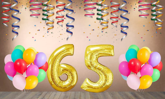 Number 65  Gold Foil Balloon and 25 Nos Multicolor Color Latex Balloon Combo