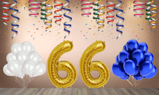 Number  66  Gold Foil Balloon and 25 Nos Blue and White Color Latex Balloon Combo