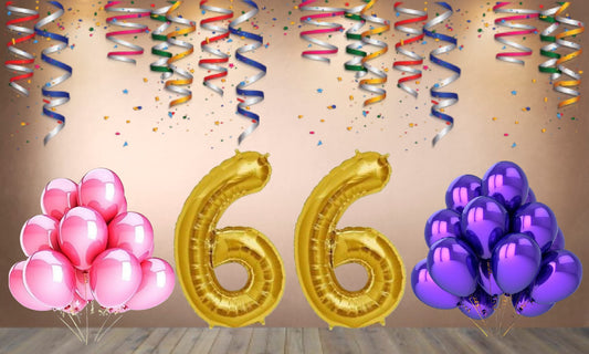 Number 66 Gold Foil Balloon and 25 Nos Pink and Purple Color Latex Balloon Combo