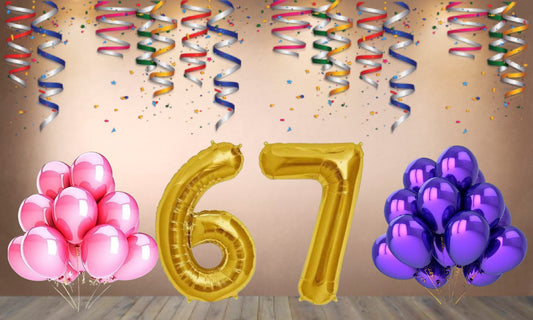 Number 67 Gold Foil Balloon and 25 Nos Pink and Purple Color Latex Balloon Combo