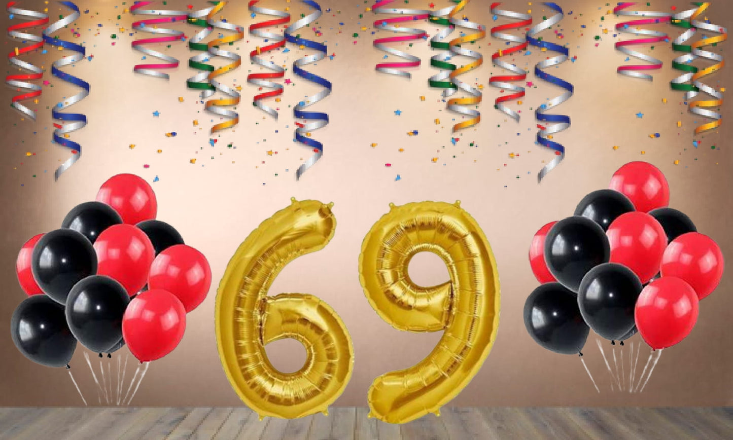 Number 69 Gold Foil Balloon and 25 Nos Black and Red Color Latex Balloon Combo