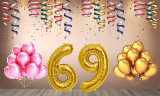 Number 69 Gold Foil Balloon and 25 Nos Pink and Gold Color Latex Balloon Combo