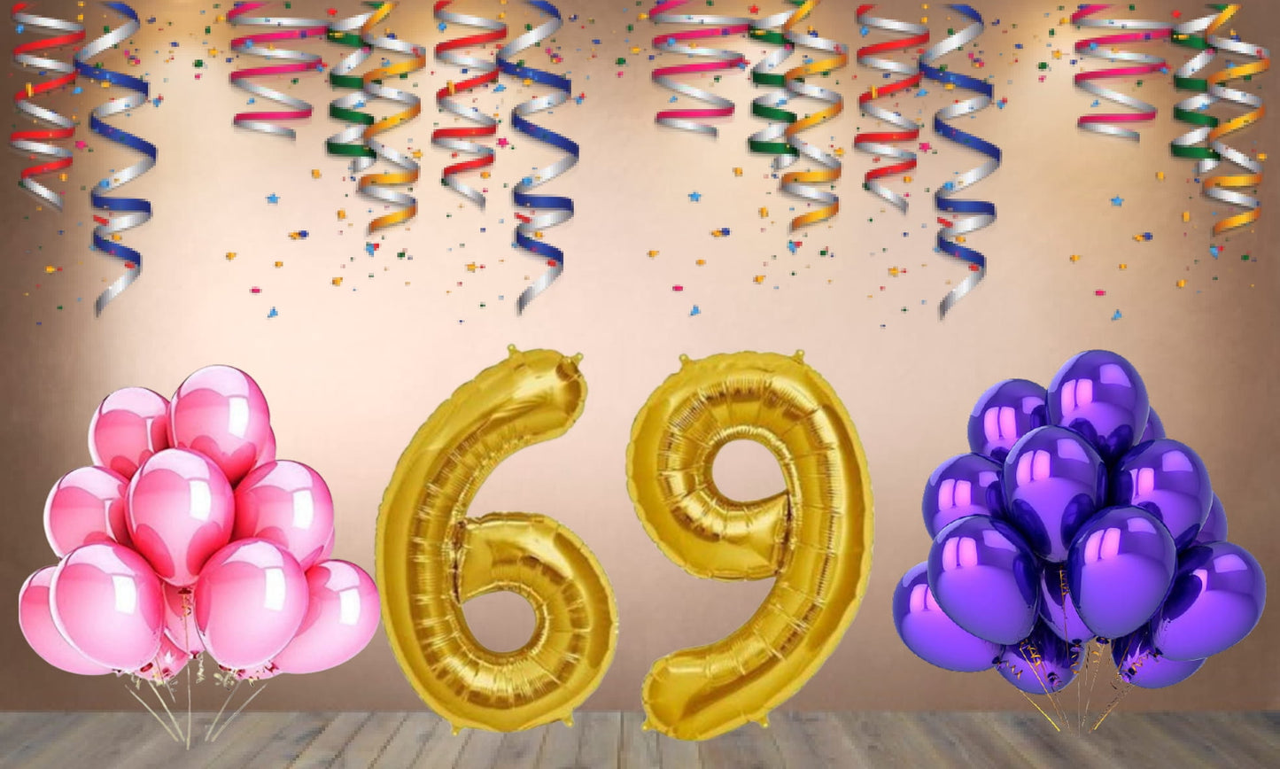 Number 69 Gold Foil Balloon and 25 Nos Pink and Purple Color Latex Balloon Combo